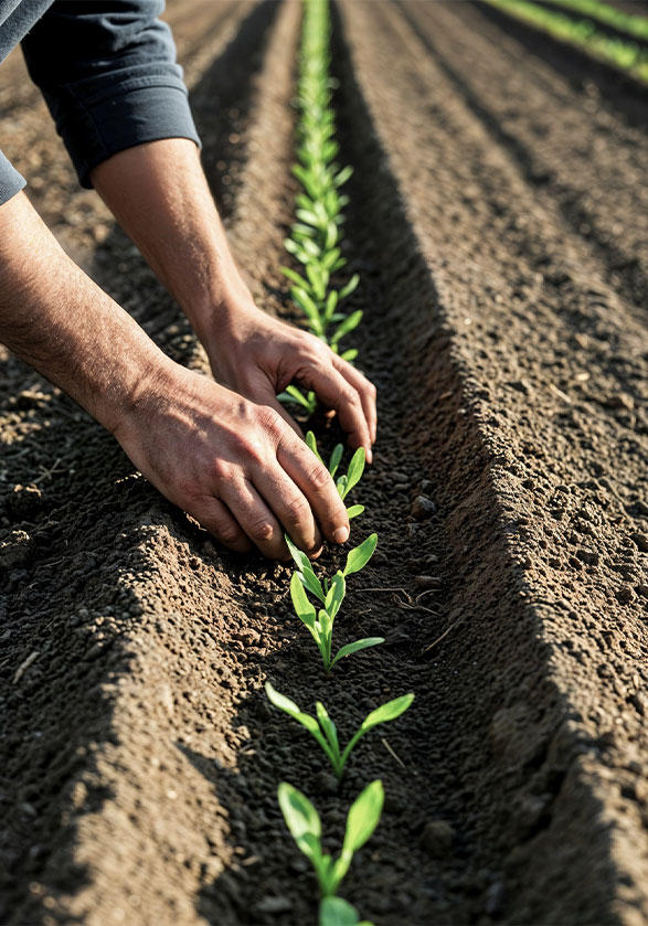 Hands planting seedlings in a cultivated field